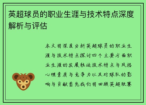 英超球员的职业生涯与技术特点深度解析与评估